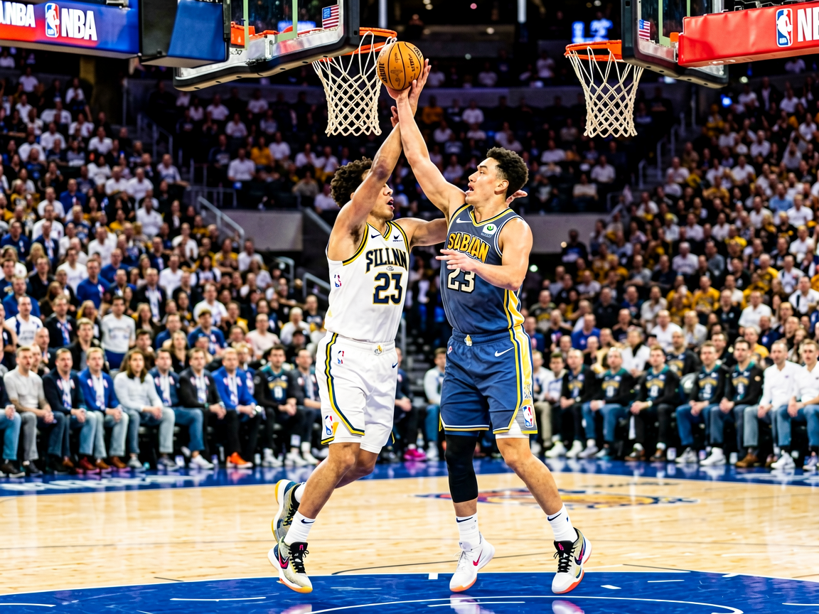 NBA职业篮球比赛现场，球员在球场上激烈争抢